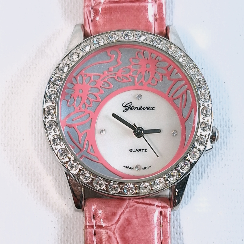 Genevex Pink Leather Strap Crystal Bezel White Dial Ladies Watch, New Battery